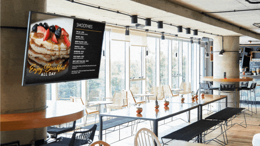 Animated, digital signage menu board, Reach Media Network, 2025