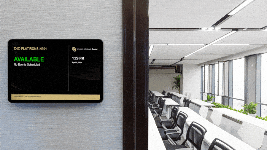 Animated, conference room digital signage room schedule display, Reach Media Network