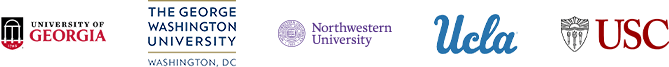 Reach Media Network's school digital signage client logos, University of Georgia, George Washington University, Northwestern University, UCLA, USC