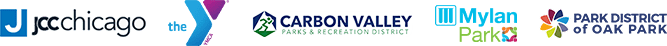 Reach Media Network's parks and rec digital signage client logos; JCC Chicago, the YMCA, Carbon Village Parks & Recreation District, Mylan Park, Park District of Oak Park
