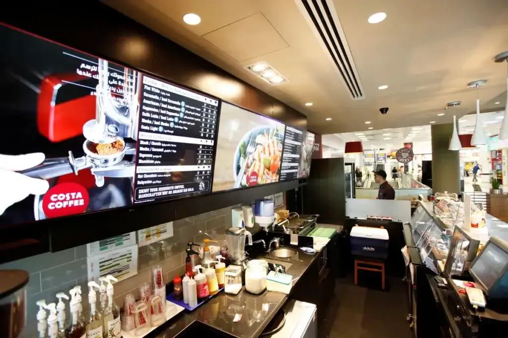 Reach-Media-Network-BrightSign-LS5-digital-signage-player-Digital-Menus-Costa-Coffee Costa Coffee shop and restaurant digital signage menu boards displayed with BrightSign LS5 media player from Reach Media Network