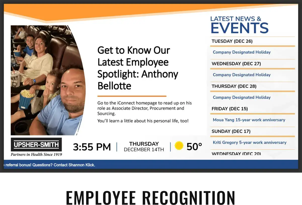 Upsher-Smith corporate digital signage screen from Reach Media Network displaying latest news, events, announcements.