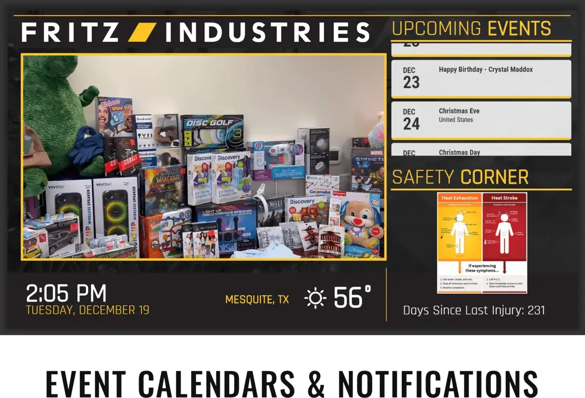 Fritz Industries corporate digital signage screen from Reach Media Network displaying upcoming events, safety tips, and business imagery from Reach Media Network.