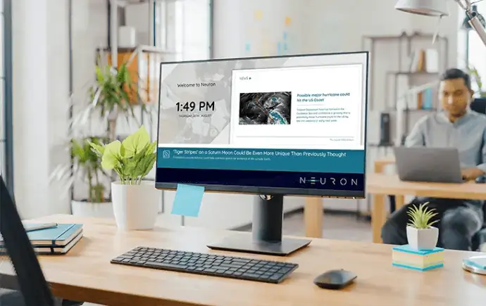 Neuron desktop digital signage from Reach Media Network displaying facts and news headlines