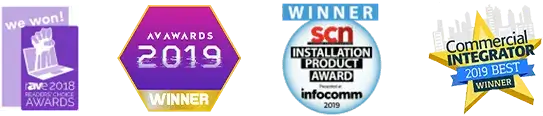 REACH Media Network BrightSign awards, Rave 2018 Choice award, AV Award, SCN Installation product award, commercial integrator 2019 best.