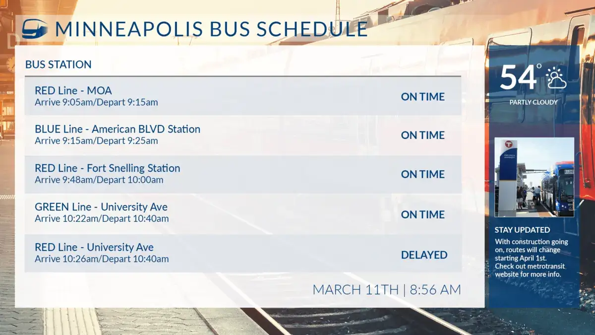 Minneapolis transportation digital signage screen from Reach Media Network displaying the daily bus schedule, weather, and updates.