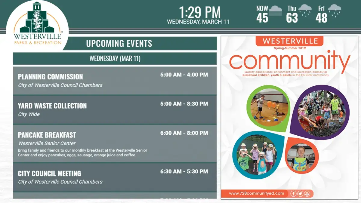 Westerville Parks & Recreation digital signage screen from Reach Media Network displaying upcoming events and promotions.