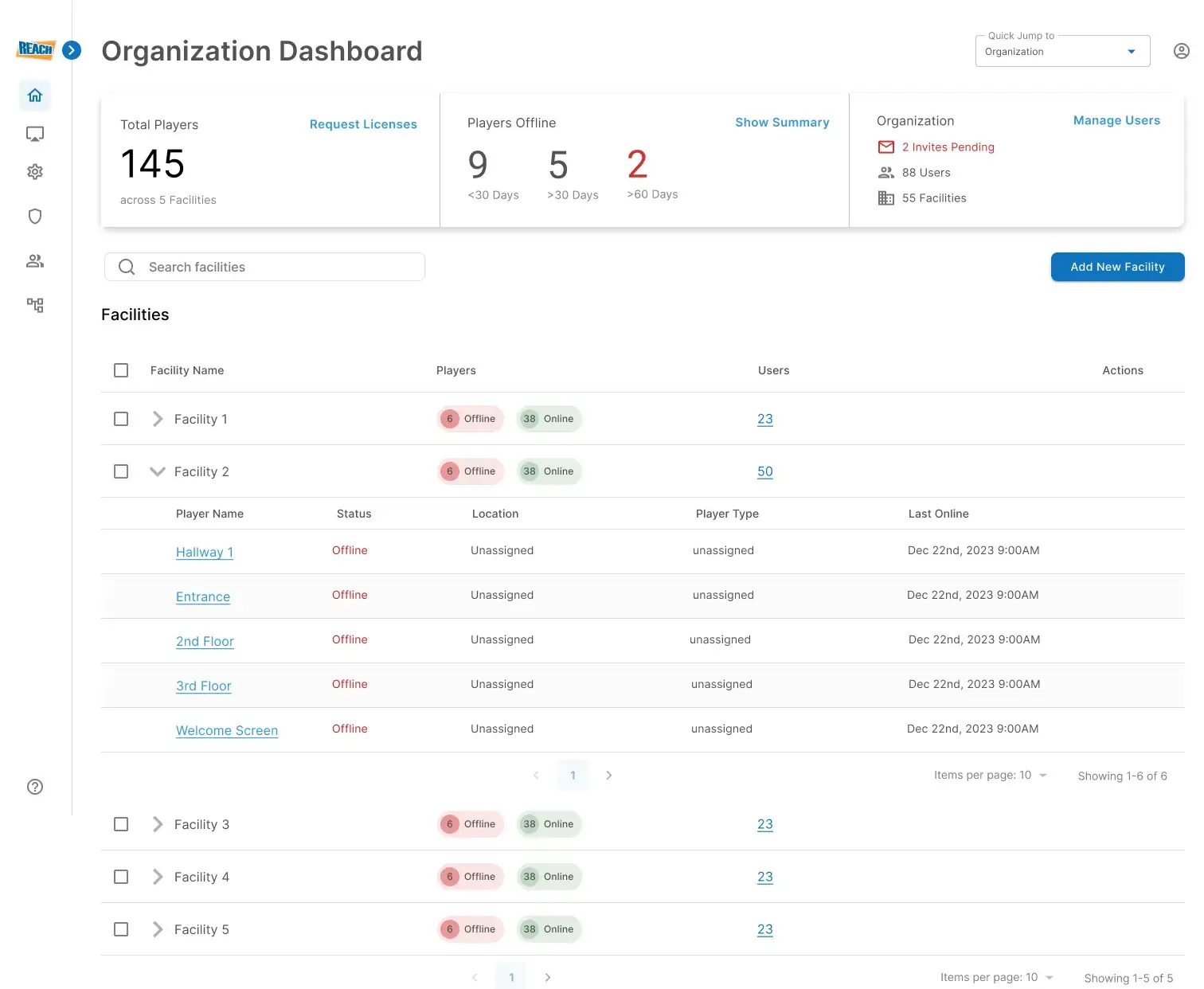 Reach Media Network digital signage CMS 2.0 dashboard screenshot