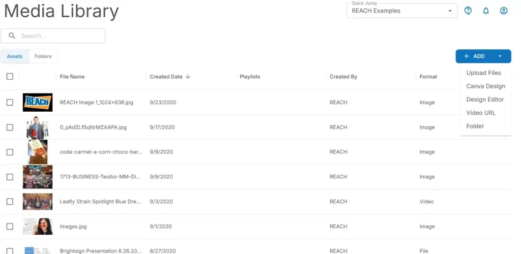 Reach Media Network digital signage CMS 2.0 media library screenshot