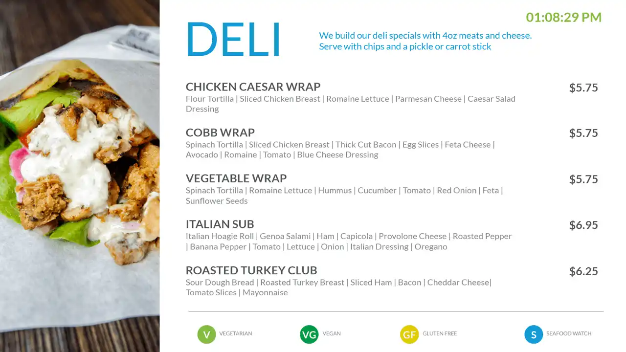 Deli digital signage menu board from Reach Media Network displaying food items and food wrap images.