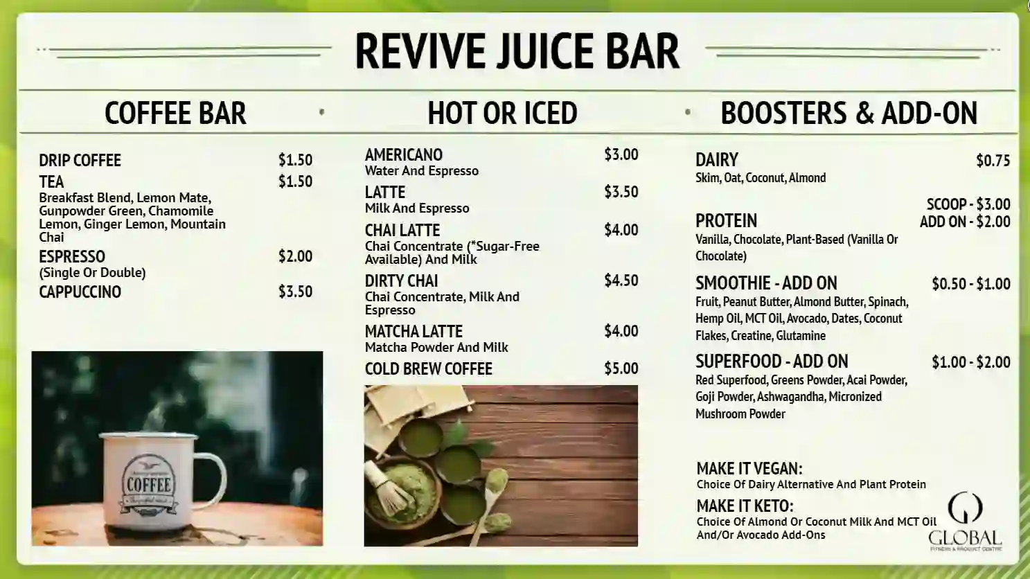 Global Fitness and Racquet Centre Revive Juice Bar menu board digital signage from Reach Media Network
