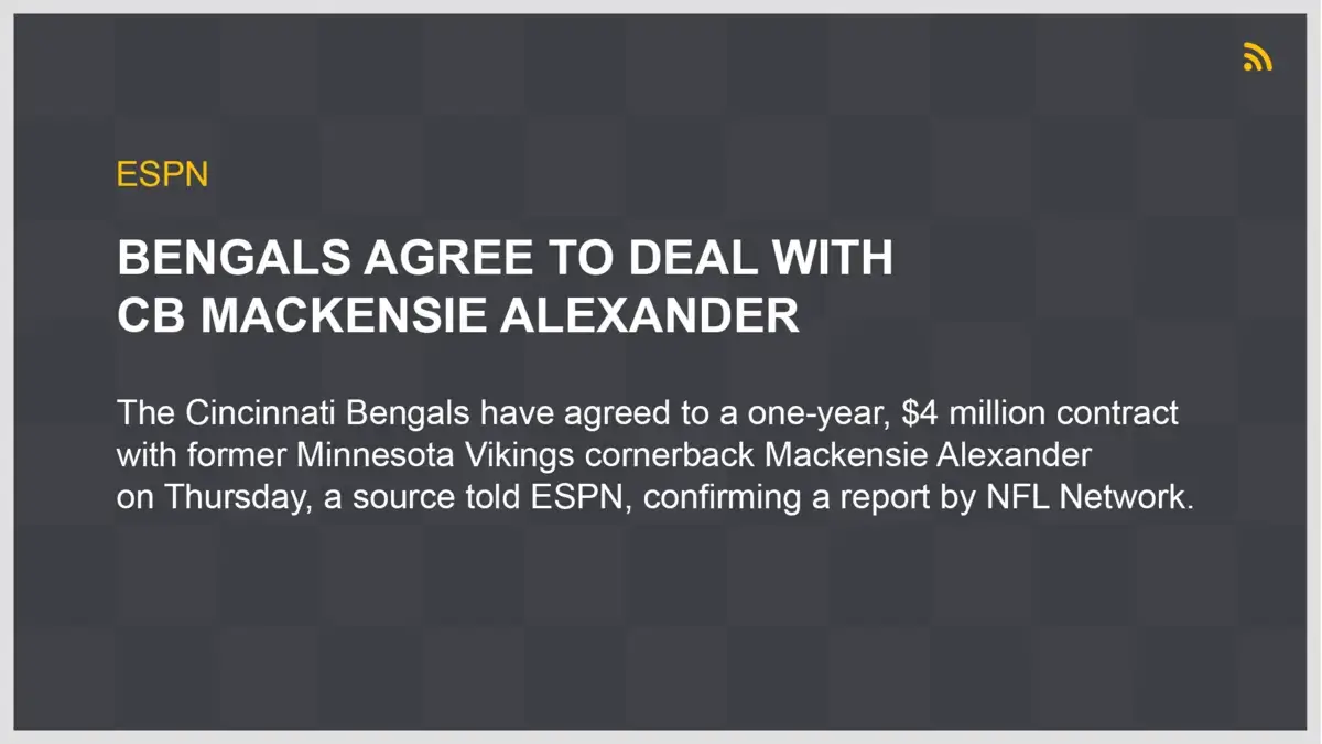 Digital signage screen from Reach Media Network displaying ESPN news headlines RSS feed.