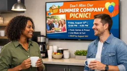 Reach-Media-Network-digital-signage-solutions-engage-audience employees talking during a coffee break in front of a digital signage display from Reach Media Network