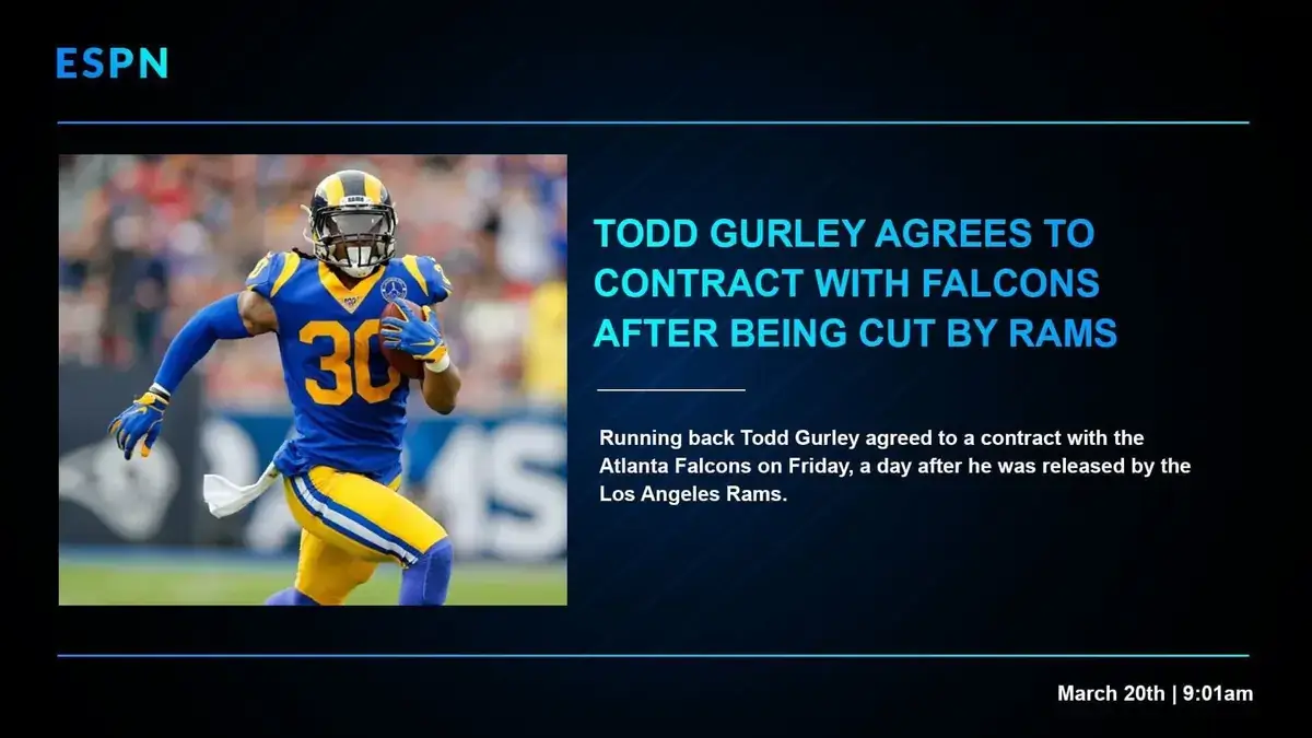 Digital signage screen from Reach Media Network displaying ESPN headlines and image for Todd Gurley