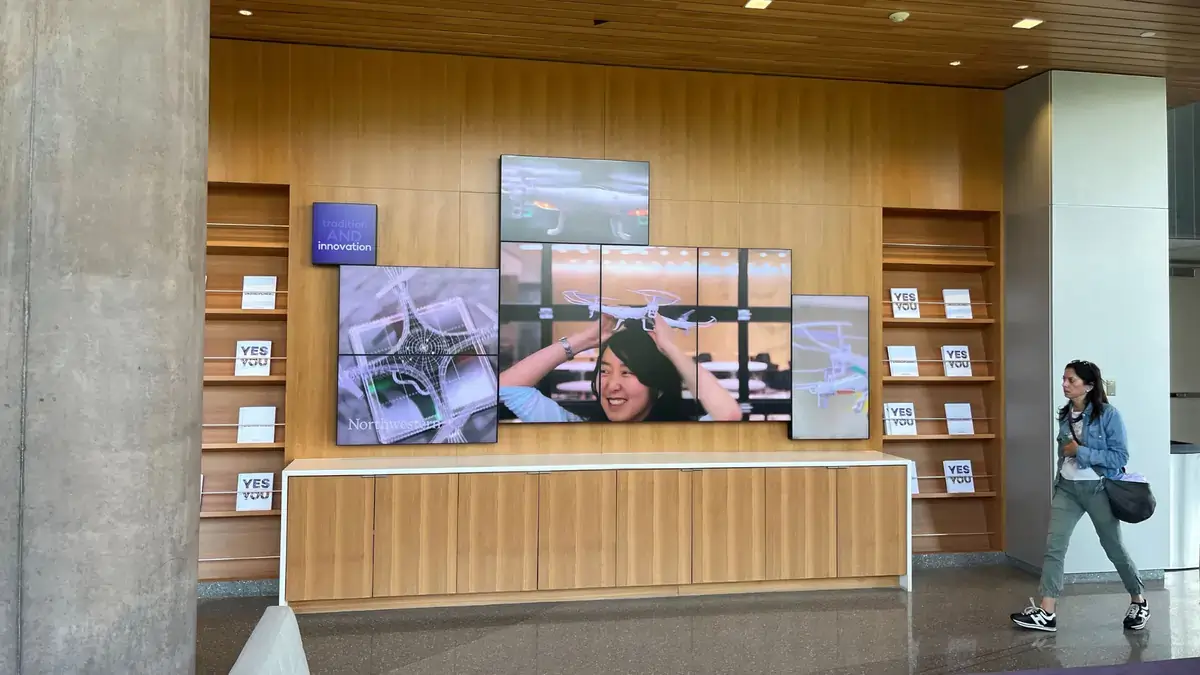 Reach-Media-Network-digital-signage-video-wall-Northwestern-University Digital signage video wall from Reach Media Network featured in a Northwestern University building and displaying engineering imagery