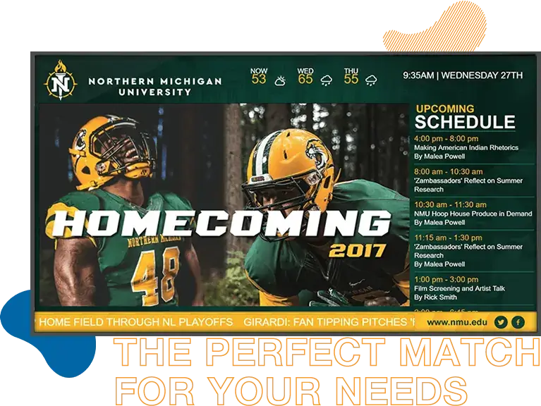 Northern Michigan University digital signage screen from Reach Media Network displaying upcoming schedule, college news ticker, 3-day weather forecast, and homecoming promotion, two football players celebrating.
