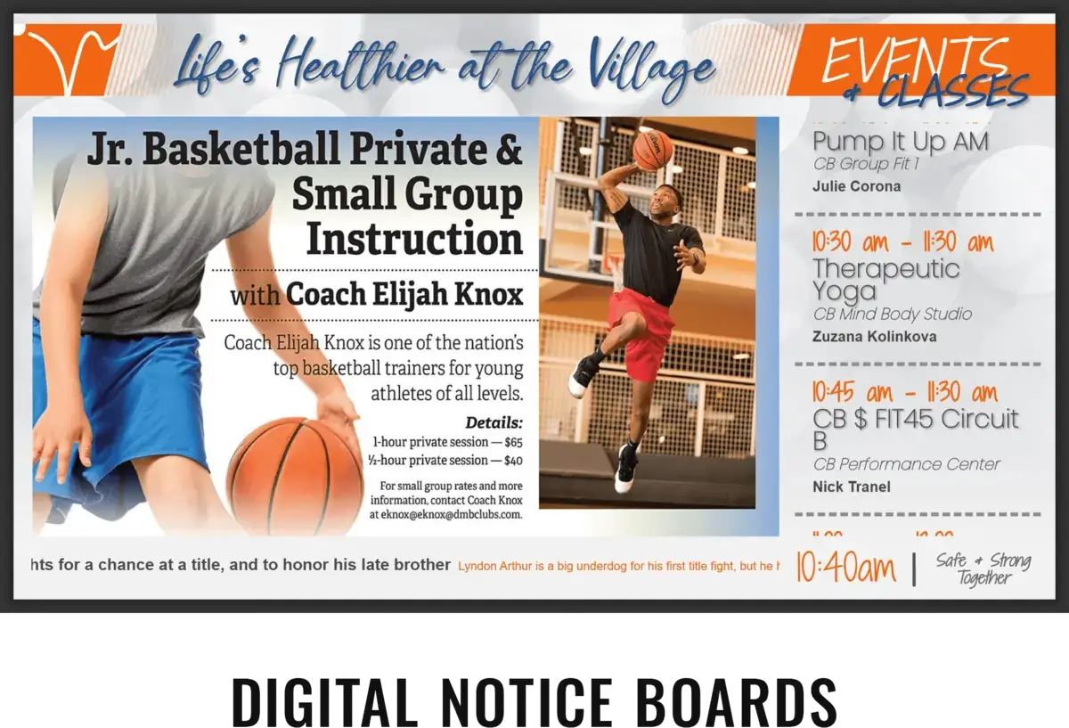 Community center gym digital signage screen from Reach Media Network displaying events and classes, announcements, and news.