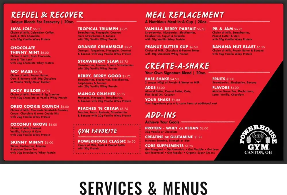 Powerhouse Gym Canton OH digital signage menu board from Reach Media Network