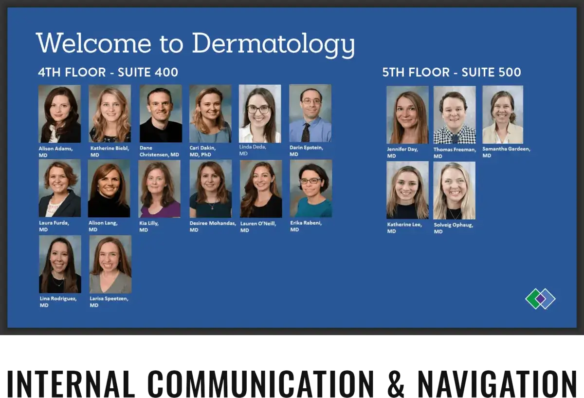 Dermatology clinic digital signage screen from Reach Media Network displaying employee directory.