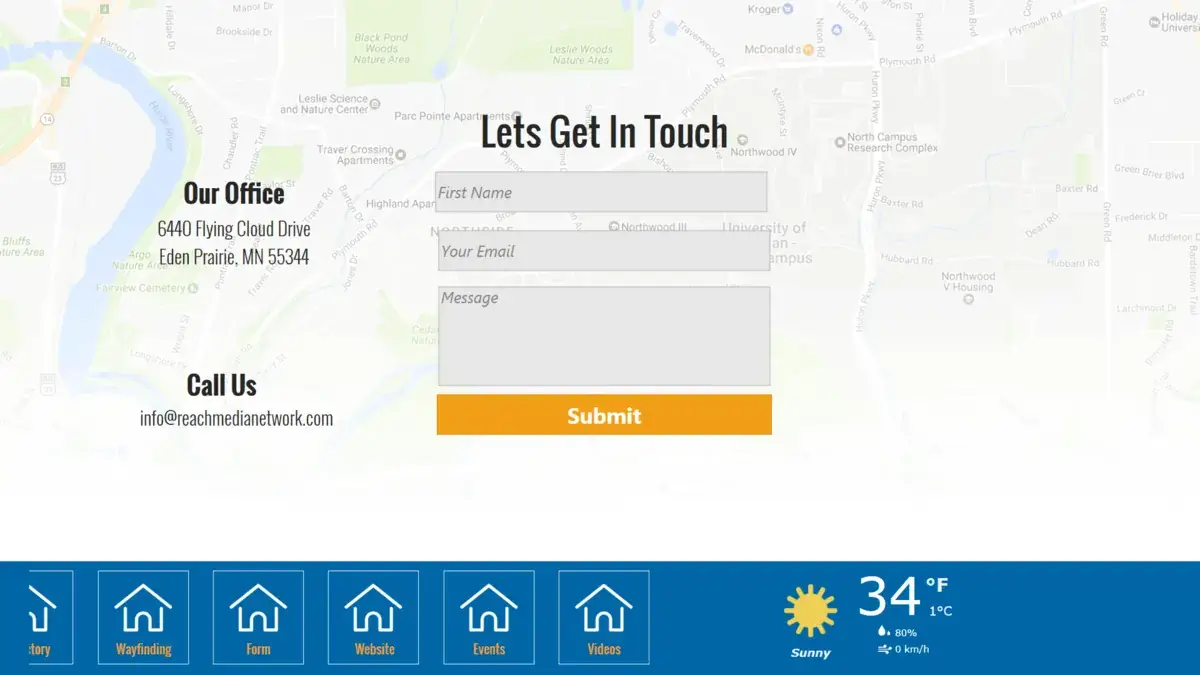 REACH Media Network digital signage touch screen displaying a contact form and options like wayfinding, website, events, and videos.