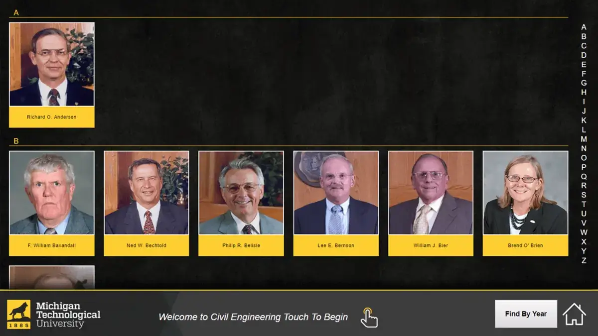 Michigan Technology University digital signage touch screen from Reach Media Network displaying faculty.