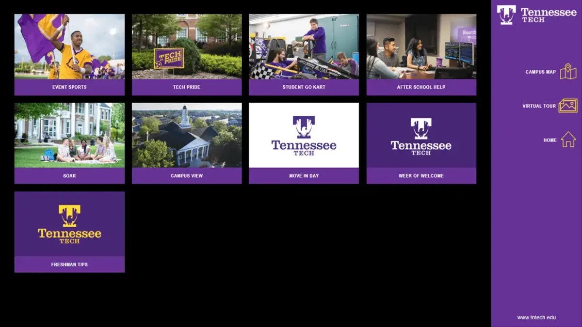 Tennessee Tech digital signage touch screen from Reach Media Network displaying buttons for events, freshman tips, campus map, and virtual tour.