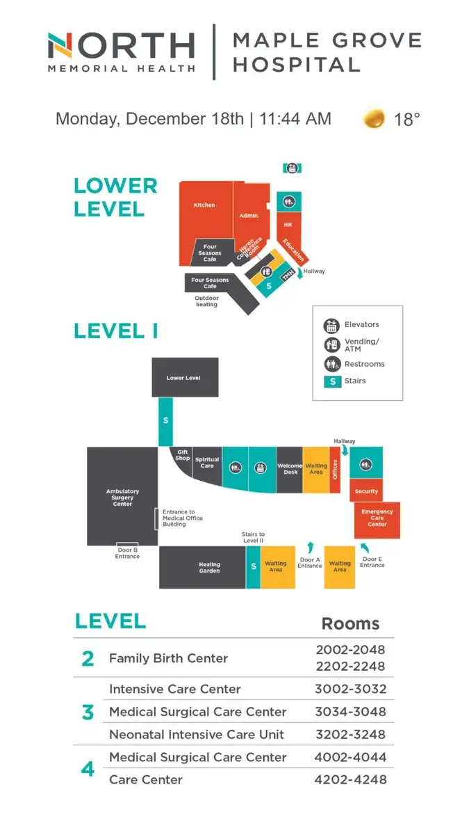 North Memorial Health Maple Grove Hospital digital signage software from Reach Media Network displaying building layout and directory.