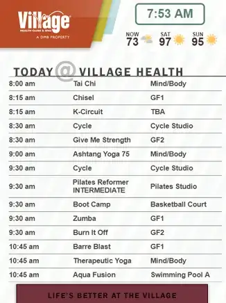The Village Health Clubs & Spas digital signage screen from Reach Media Network displaying daily event schedule