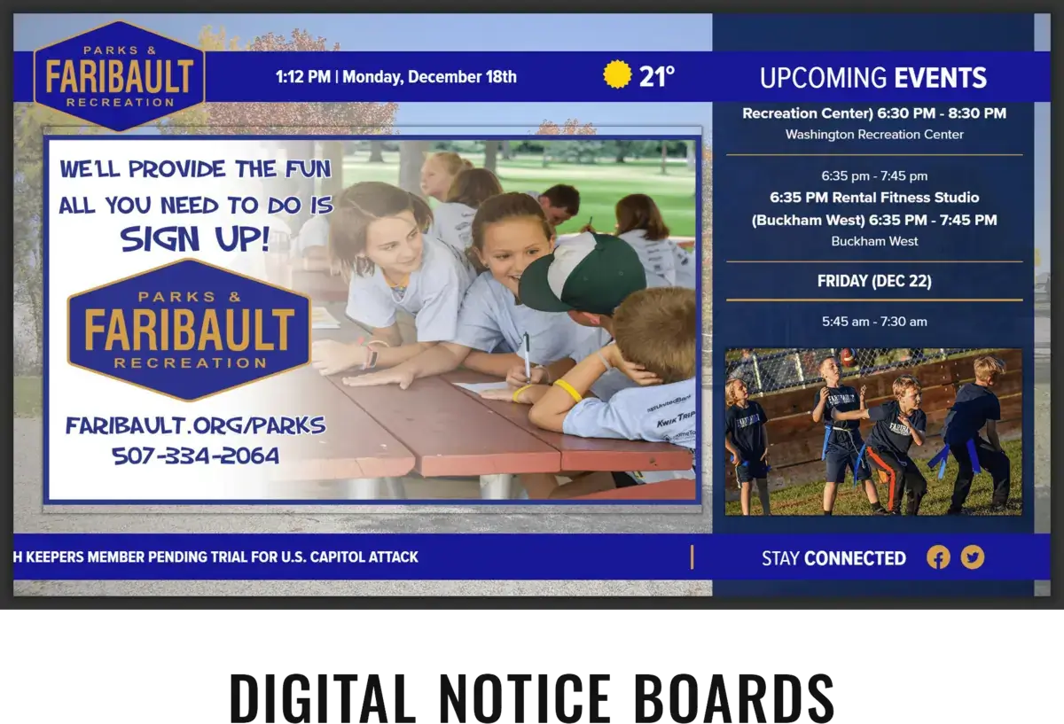 Faribault parks and recreation digital signage screen from Reach Media Network displaying upcoming events, announcements, and news.