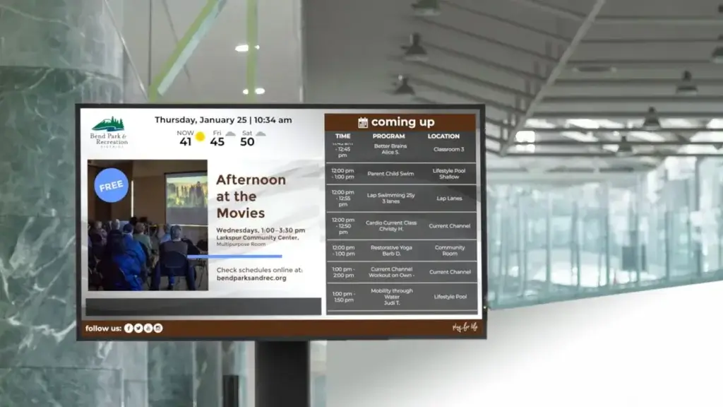 Reach Media Network Parks Rec digital signage Parks and rec digital signage screen displaying schedule and announcements, Reach Media Network